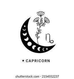 Capricorn zodiac sign with wildflower and moon phases
