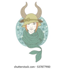 Capricorn zodiac sign. Winter season illustration. Vector illustration isolated on white.