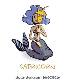 Capricorn zodiac sign woman flat cartoon vector illustration. Mythical creature, astrological symbol. Ready to use 2d character template for commercial, animation, printing design. Isolated comic hero
