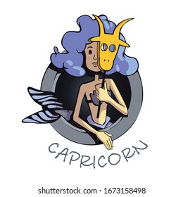 Capricorn zodiac sign woman flat cartoon vector illustration. Mythical creature with fish tail holding goat mask. Ready to use 2d character for commercial, printing design. Isolated concept icon