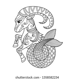 Capricorn zodiac sign. Zentangle coloring book page for adult. 