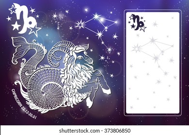 Capricorn Zodiac sign.Capricorn Horoscope constellation,stars.Vector Abstract space, dark sky blurred background,shiny bokeh.Design template,text room.Astrology Illustration,Capricorn silhouette
