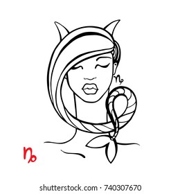 Capricorn. Zodiac signs collection. Beautiful Ink fashion zodiac girl. Horoscope series. Vector illustration