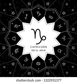 Capricorn. Zodiac signs outline style vector set on star sky background.