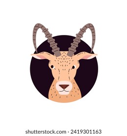Capricorn zodiac symbol . Astrological zodiac icon. Goat head with horns. Flat design Capricorn Horoscope sign isolated on white. Wild animal vector color illustration in black circle frame