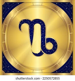 Capricorn Zodiac Symbol, Classic Luxury Golden Greek Meander, Stellar Star Sign, Horoscope Astrology Fortune-Telling and Future Prediction, Element Badge Icon Vector Design Illustration.