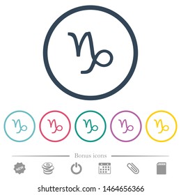 Capricorn zodiac symbol flat color icons in round outlines. 6 bonus icons included.