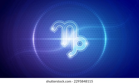 Capricorn Zodiac Symbol Futuristic Hologram Neon Glow Cybernetic Digital Translucent Horoscope, Astrology and Fortune-Telling Backdrop Background Illustration