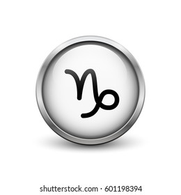 Capricorn zodiac symbol, white button with metal frame and shadow