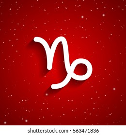 Capricorn  zodiac symbol, white zodiac icon on the background of red starry sky