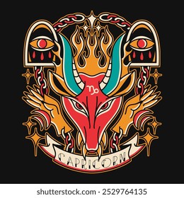 Diseño de Vector del zodiaco de Capricornio, cartel gráfico de la astrología, diseño de la camiseta del horóscopo y de la constelación, estilo retro del tatuaje. Diseño de camiseta Zodiac