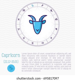 Capricorn in zodiac wheel, horoscope chart with place for text. Thin line vector illustration.