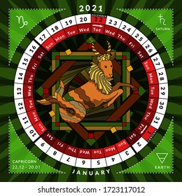 Capricorn zodiacal circle caledar 2021. Vector astrological illustration