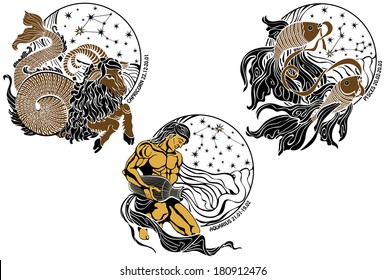 Capricorn,Aquarius,Pisces with stars in Horoscope circle with the constellations. Set of three signs of the zodiac.Designer screen saver or templates.White background.