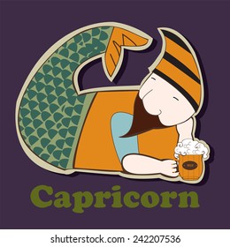 Capricorn.File contains image of cartoon man with beer mug.Funny zodiac single. Scrap booking style.