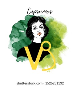 Capricorn-girl. Zodiac signs girl illustration.Vector sketch and watercolor background
