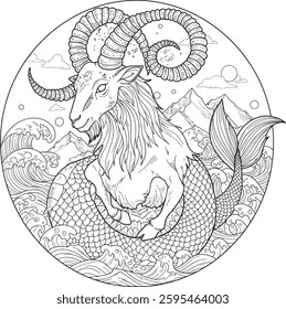 A Capricorn-inspired mandala featuring a mythical sea-goat with intricate horn spirals surrounded by