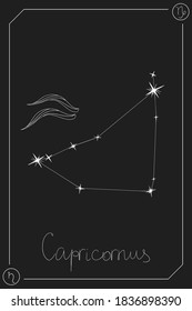 Capricornus horoscope card with constelation, zodiac sign and a patronizing planet. Hand drawn vector illustration on dark background. Taro card.