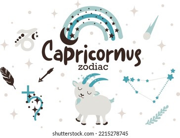 Capricornus zodiac sign clipart - cute kids horoscope, zodiac stars, constellation, rainbow, planet, leaves, arrow and comet isolated Vector illustration on white background. Cute vector astrological 