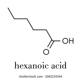 Acido caproico (ácido hexanoico) molécula de ácido graso. Las sales y los ésteres se denominan hexanoatos o caproatos. Fórmula esquelética.