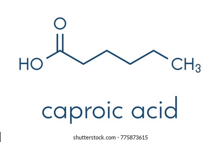 Caproic acid (hexanoic acid) fatty acid molecule. Salts and esters are called hexanoates or caproates. Skeletal formula.
