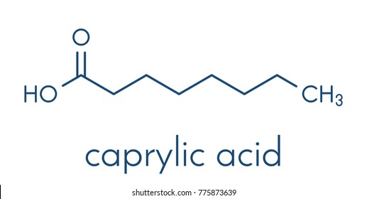 Caprylic (octanoic) acid molecule. Common saturated medium-chain fatty acid. Skeletal formula.