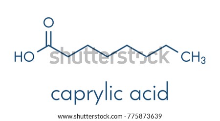 Caprylic (octanoic) acid molecule. Common saturated medium-chain fatty acid. Skeletal formula.