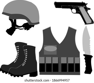 Capas, chalecos antibalas, botas y pistolas negras, cuchillos para la ilustración de vectores militares,