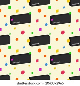 Caps Lock keyboard buttons and abstract geometric shapes colorful  vector seamless pattern background for International Caps Lock Day design.