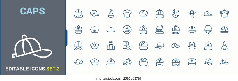 Caps minimal icon set. Icons doodle, styles, hat, cap, female and more. Minimal linear icons. Editable vector art.