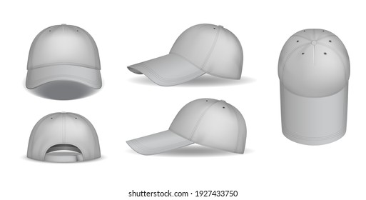 Caps mockup. Realistic gray baseball caps template for brand printing isolated on white background. Different views of sport headgear. Vector illustration