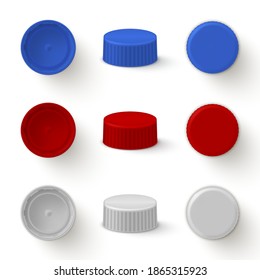 Caps plastic for bottles realistic mock ups set. Top, bottom, side view. Lids white, red, blue for drinks packaging. Place for your design, logo. Vector caps isolated collection illustration. svg