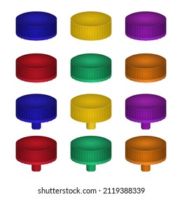 Caps plastic for bottles realistic mock ups set. Top, bottom, side view. Lids white, red, blue for drinks packaging. Place for your design, logo. Vector caps isolated collection illustration.