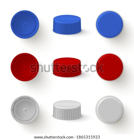 Caps plastic for bottles realistic mock ups set. Top, bottom, side view. Lids white, red, blue for drinks packaging. Place for your design, logo. Vector caps isolated collection illustration.