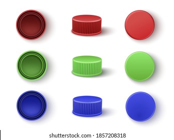 Caps in red, blue, green colors for plastic bottles or carton boxes realistic mockups set. Lids templates collection. Top, side, bottom view. Vector caps illustration isolated on white background.