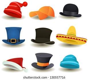 Caps, Top Hats And Other Head wear Set/ Illustration of a set of cartoon top or derby hats, baseball sport winter caps, sombreros and other head wear clothes equipment