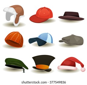 Caps, Top Hats And Other Headwear Set/
Illustration of a set of cartoon top or hats, baseball sport winter caps, military green beret, russian chapka and other headwear clothes equipment