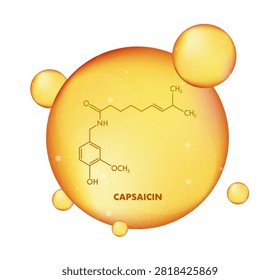 Capsaicin chemical formula, connecting structure, and name appearing in an abstract yellow sphere, symbolizing supplement or health