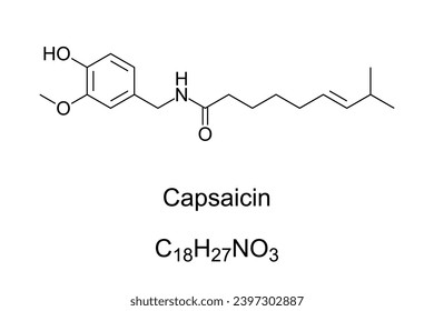 Capsaicin, chemical formula and structure. Active component in chili peppers, plants belonging to genus Capsicum. Chemical irritant and neurotoxin. As spice in food it provides spiciness and piquancy.