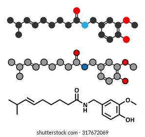 Capsaicin chili pepper molecule. Used in food, drugs, pepper spray, etc. Stylized 2D renderings and conventional skeletal formula. 
