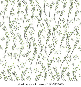 Capsella flower, Shepherd's purse, Capsella bursa-pastoris, the entire plant, hand drawn vector seamless pattern, doodle ink sketch isolated on white, for design cosmetic, textile, natural fabric