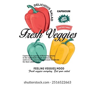 Capsicum vintage t-shirt design. Organic vegetable farm. Fresh veggies artwork for t shirt print, poster, sticker and other uses.	