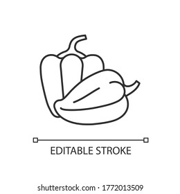 Capsicums Pixel perfekte lineare Symbol. Bulgarischer Pfeffer zum Kochen gesunder Lebensmittel. Rohes frisches Gemüse. Dünne, anpassbare Illustration. Contour-Symbol. Vektor-einzelne Rahmenzeichnung. Bearbeitbarer Hub