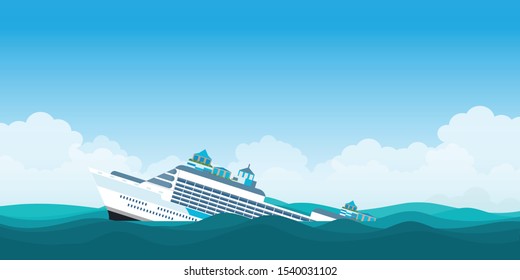 Capsized cruise ship.The ship went under water half swimming on the blue sky background, Vector Illustration.