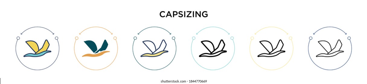 Capsizing icon in filled, thin line, outline and stroke style. Vector illustration of two colored and black capsizing vector icons designs can be used for mobile, ui, web