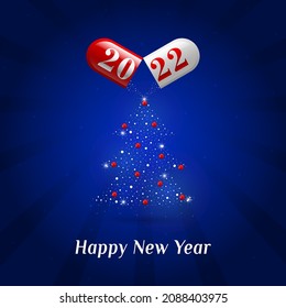 Capsule 2022 and Christmas tree with red toys on a blue background. banner concept Happy new year and merry christmas 