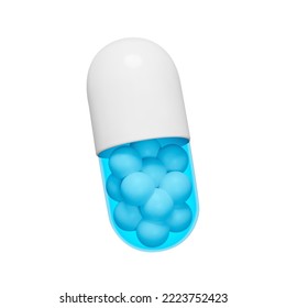 capsule 3d icon. White medicine pill with balls inside. Isolated object on transparent background