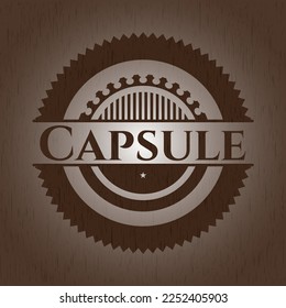 Capsule badge with wooden background. 