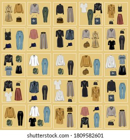 Capsule basic wardrobe for a woman. Minimalism. Ready-made images. Clothes and bags. Fashion. Autumn clothes. Set of Isolated vector objects.