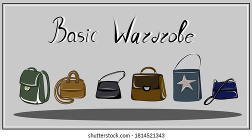 Capsule basic wardrobe for a woman. Minimalism. Fashion. Big cupboard. Wardrobe with a set of clothes on hangers and bags. Isolated vector objects.